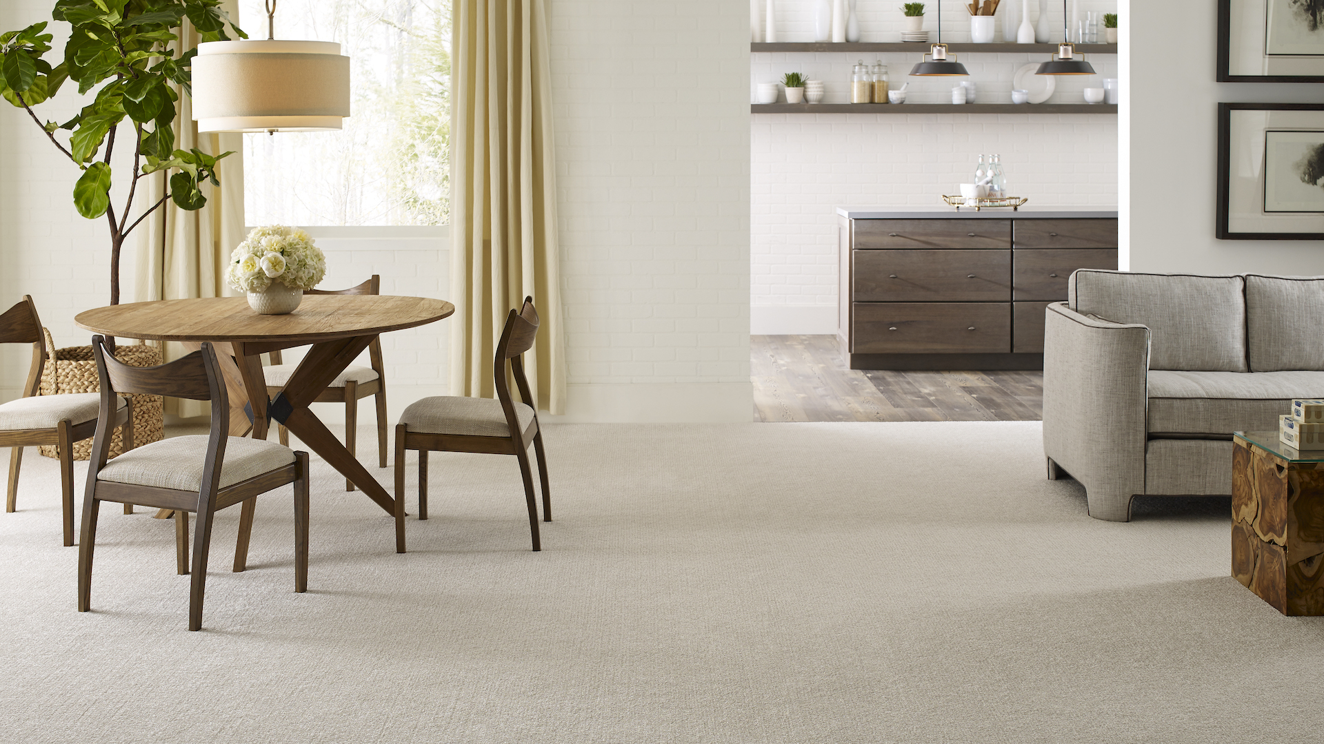 durable carpets in an open concept living room and dining room