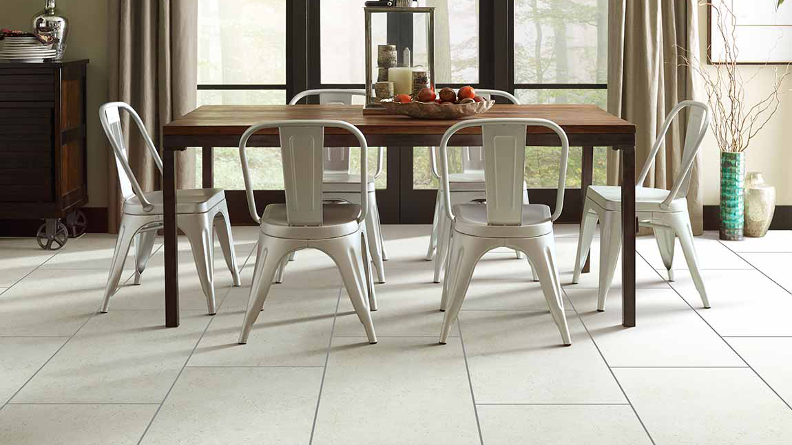 Tile flooring in a dining room.